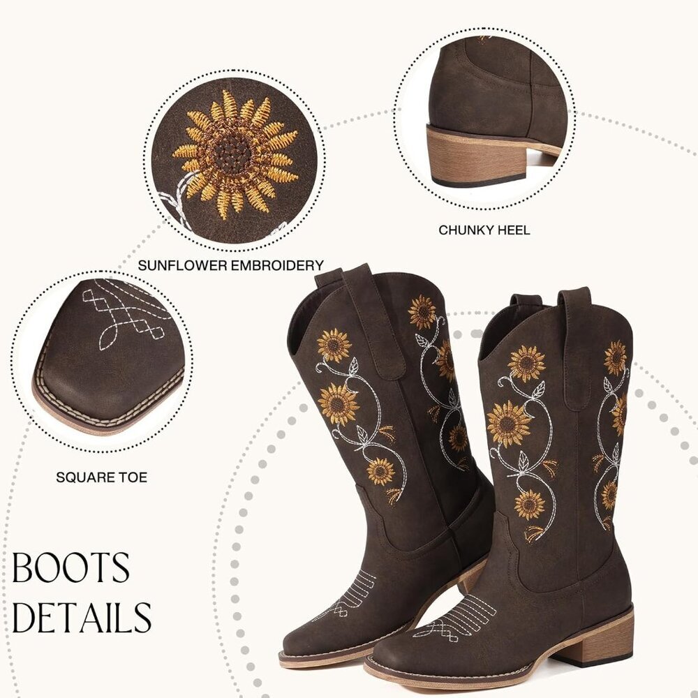 ⚡Women's Brown Mid Calf Western Sunflower Cowgirl Boots with Floral Embroidery - Picture 4 of 5